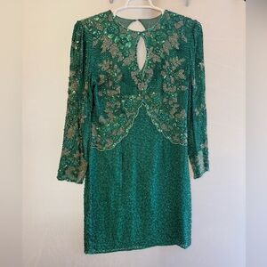 VINTAGE 80’s PEAK BEADED SEQUIN GREEN DRESS 100% SILK 100% LINED ACETATE